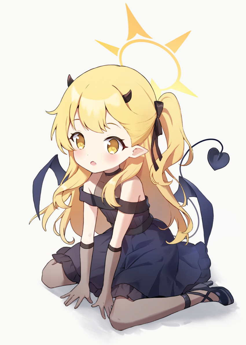 1girl black_dress black_footwear black_gloves black_horns black_pantyhose black_tail black_wings blonde_hair blue_archive blush demon_horns demon_tail demon_wings dress fang full_body gloves halo hanen_(borry) high_heels highres horns ibuki_(blue_archive) ibuki_(dress)_(blue_archive) long_hair official_alternate_costume one_side_up open_mouth pantyhose pointy_ears simple_background sitting solo tail wariza white_background wings yellow_eyes yellow_halo