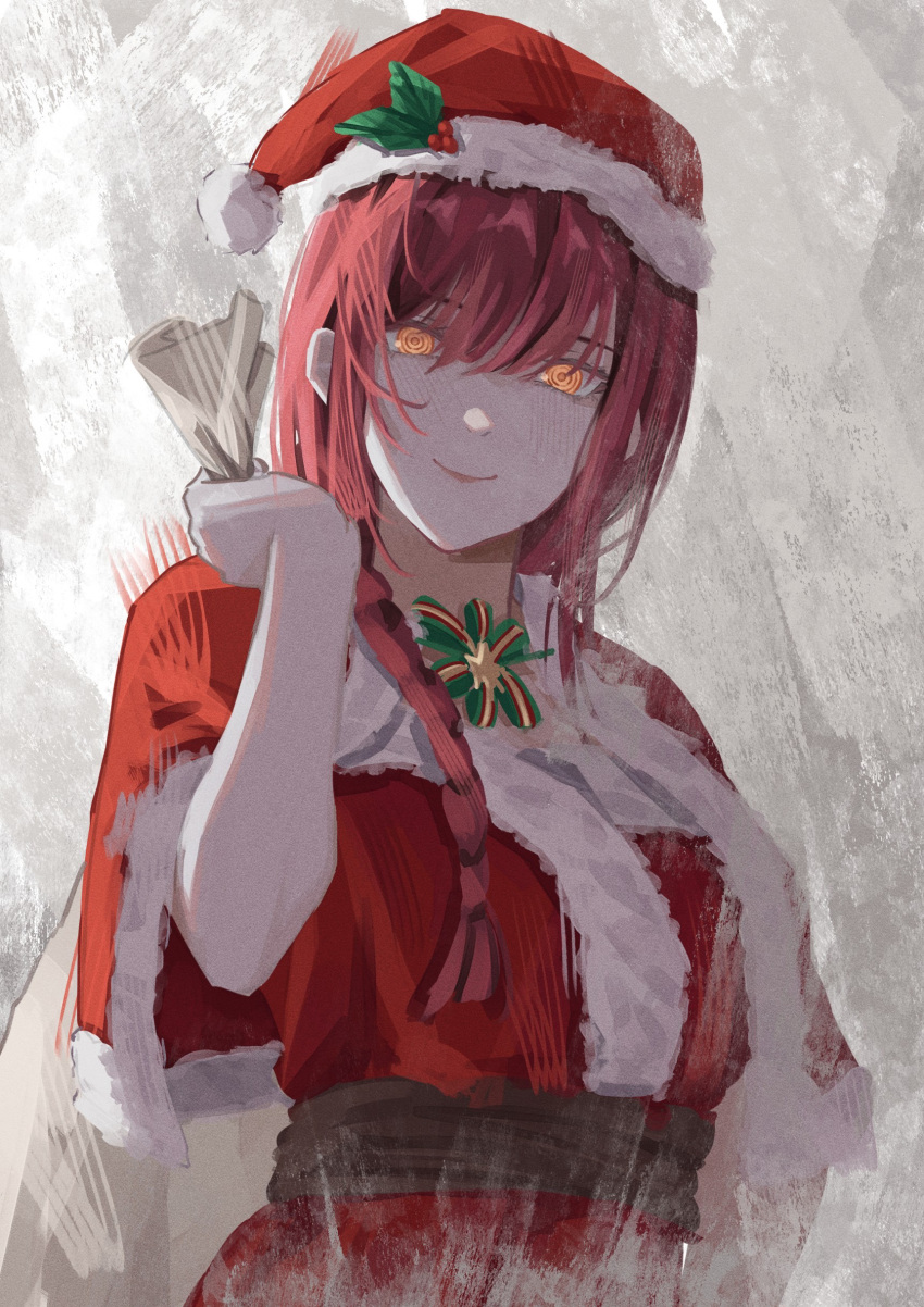 1girl absurdres bag braid chainsaw_man christmas closed_mouth commentary_request gift_bag hat highres holding holding_bag komura_hiroto looking_at_viewer makima_(chainsaw_man) red_headwear redhead ringed_eyes santa_costume santa_hat shirt smile solo yellow_eyes