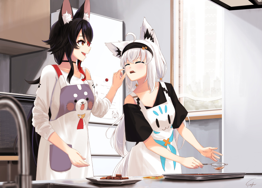 2girls :d absurdres animal_ear_fluff animal_ears animal_print apron asymmetrical_shirt baking_sheet black_hair black_hairband black_shirt chocolate closed_eyes commentary_request cooking curtains earrings eating feeding flipped_hair fox_ears fox_girl fox_tail gurifu hair_between_eyes hairband highres holding hololive jewelry kitchen long_hair long_sleeves looking_at_another low_twintails magnet miofa_(ookami_mio) multicolored_hair multiple_girls note ookami_mio ookami_mio_(3rd_costume) open_mouth oven paw_print plate redhead refrigerator refrigerator_magnet shirakami_fubuki shirakami_fubuki_(7th_costume) shirt short_sleeves sidelocks signature single_bare_shoulder single_earring sink sleeves_rolled_up smile spiky_hair sukonbu_(shirakami_fubuki) table tail twintails valentine very_long_hair virtual_youtuber white_apron white_shirt window wolf_ears wolf_girl yellow_eyes