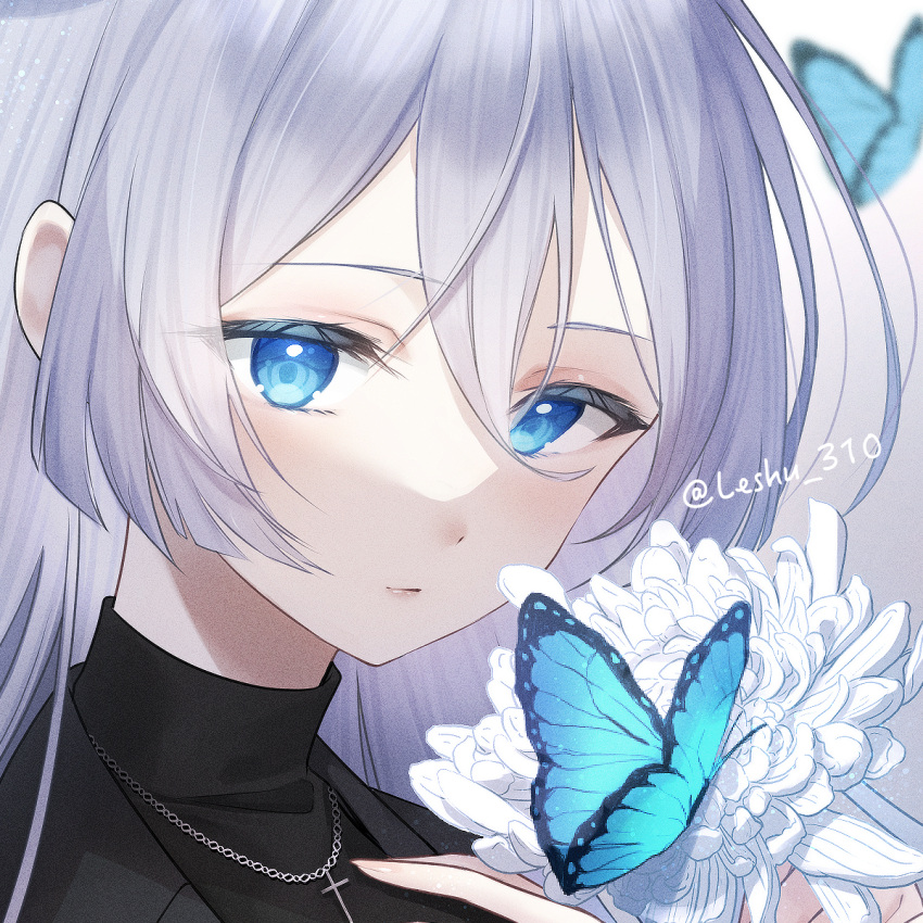 1girl blue_eyes bug butterfly cross cross_necklace expressionless flower highres jewelry long_hair looking_at_viewer lushuao necklace portrait project_sekai solo turtleneck white_hair yoisaki_kanade