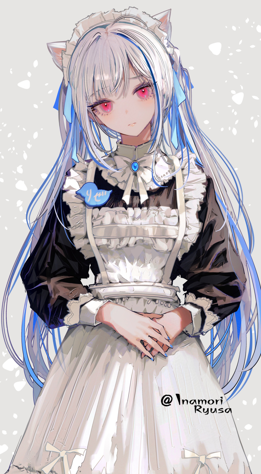 1girl absurdres animal_ears apron artist_name black_dress blue_gemstone blue_hair blue_ribbon bow cat_ears character_name closed_mouth colored_inner_hair cowboy_shot dress frilled_apron frilled_hairband frills gem hair_ribbon hairband highres inaeda_kei jewelry lize_helesta long_hair looking_at_viewer maid_apron maid_headdress multicolored_hair nijisanji official_alternate_costume official_alternate_hairstyle patterned_background pendant pink_eyes ribbon scowl sidelocks simple_bird solo streaked_hair swept_bangs twintails virtual_youtuber white_apron white_bow white_hair white_hairband wrist_cuffs
