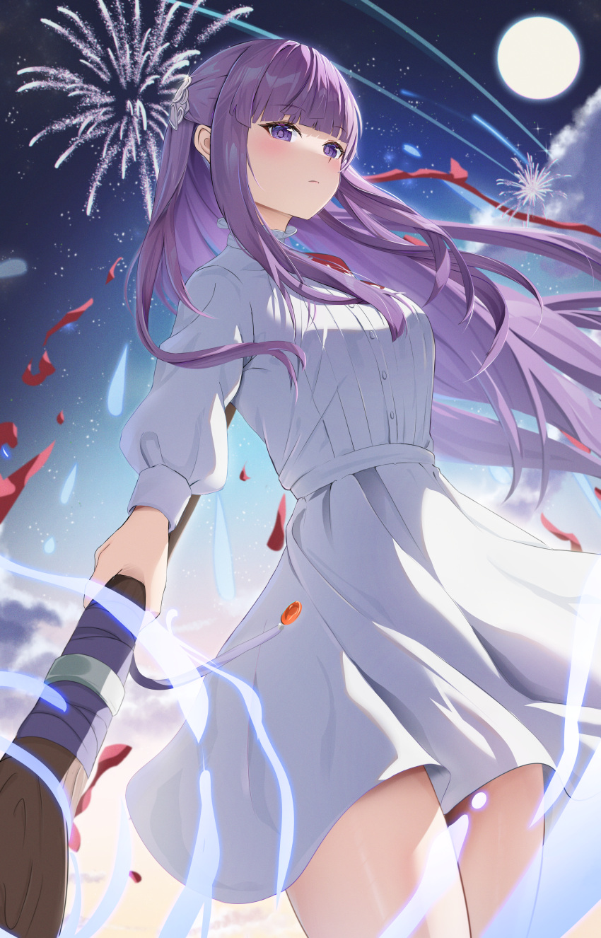 1girl absurdres aerial_fireworks blunt_bangs breasts closed_mouth clouds commentary_request cowboy_shot dress fern_(sousou_no_frieren) fireworks full_moon highres holding holding_staff large_breasts long_hair long_sleeves looking_at_viewer looking_down moon night night_sky pharmarr purple_hair shooting_star sky solo sousou_no_frieren staff standing violet_eyes white_dress