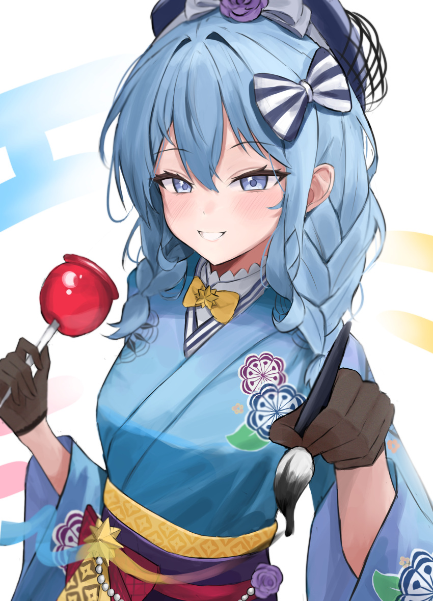 1girl absurdres beret blue_eyes blue_hair blue_headwear blue_kimono blush bow braid brown_gloves candy candy_apple english_commentary food gloves grin hair_between_eyes hair_bow hat highres hoangryu holding holding_brush holding_candy holding_food hololive hoshimachi_suisei hoshimachi_suisei_(new_year) japanese_clothes kimono long_hair long_sleeves looking_at_viewer obi sash smile solo twin_braids upper_body virtual_youtuber wide_sleeves