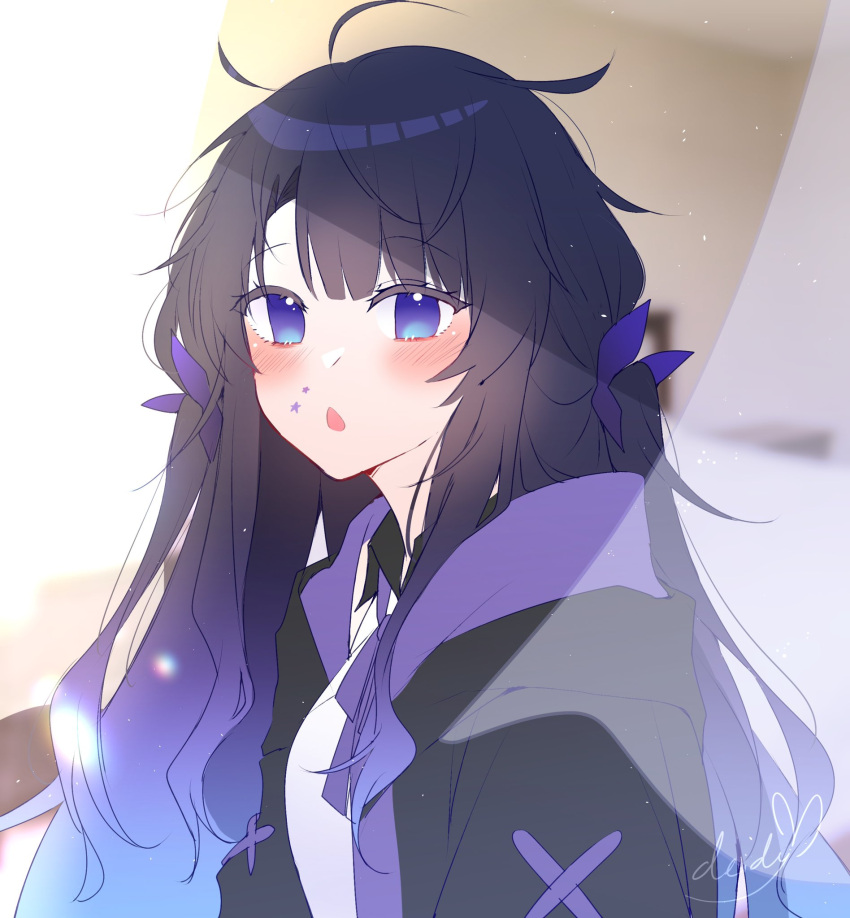 1girl :o black_jacket blue_hair blush collared_shirt commentary commentary_request deidey gradient_hair highres indie_virtual_youtuber indonesian_commentary jacket long_hair looking_at_viewer messy_hair multicolored_hair open_mouth purple_hair purpora shirt sidelocks signature solo star_(symbol) star_sticker swept_bangs two_side_up upper_body violet_eyes virtual_youtuber white_shirt