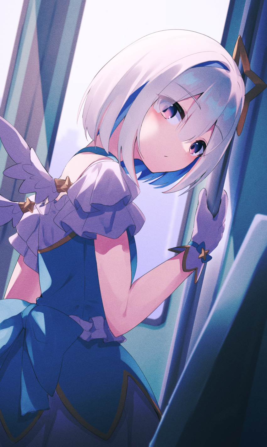 1girl amane_kanata blue_dress blue_hair cropped_jacket dress fragir gloves grey_hair hair_intakes halo highres hololive hololive_idol_uniform jacket looking_at_viewer looking_back official_alternate_costume short_hair solo star_halo violet_eyes virtual_youtuber white_gloves white_jacket