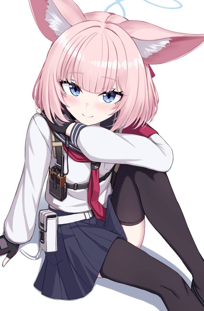 1girl absurdres animal_ear_fluff animal_ears arm_rest armband belt_pouch black_gloves black_thighhighs blue_archive blue_eyes blue_halo blue_skirt closed_mouth facing_viewer fingerless_gloves fox_ears gloves halo highres knee_up long_sleeves looking_at_viewer niko_(blue_archive) pink_hair pouch shirt simple_background sitting skirt smile solo thigh-highs white_background white_shirt yakob_labo