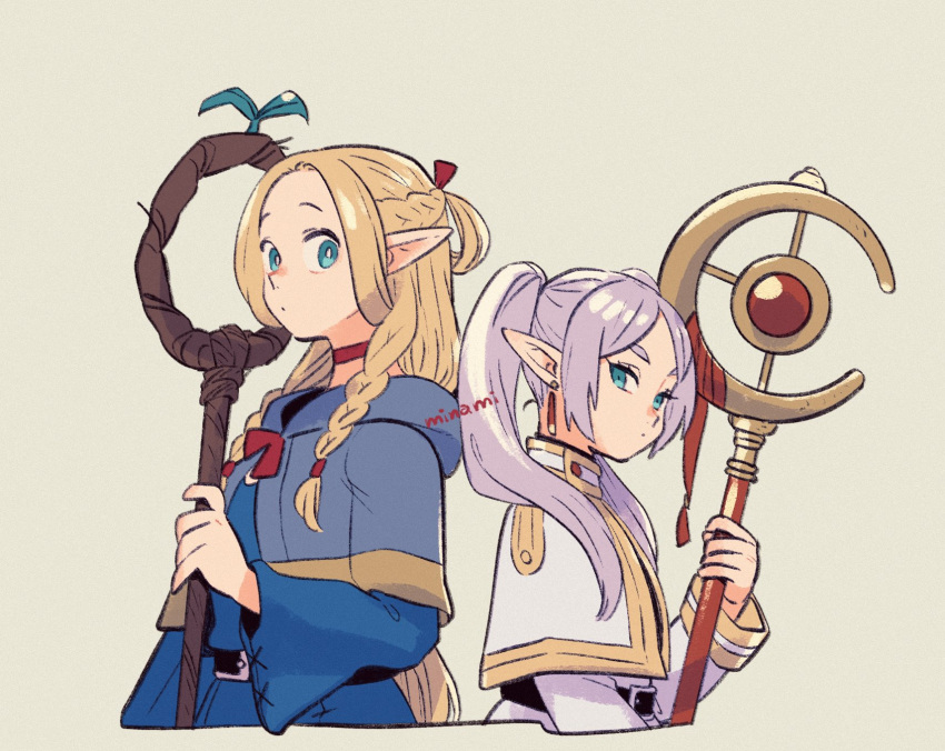 2girls aqua_eyes back-to-back belt belt_buckle black_belt blonde_hair blue_capelet blue_robe braid braided_ponytail buckle capelet choker commentary_request cowboy_shot crescent_moon crossover dangle_earrings dramatica drop_earrings dungeon_meshi earrings elf french_braid frieren highres holding holding_staff jewelry mage_staff marcille_donato moon multiple_girls parted_lips pointy_ears red_choker red_ribbon ribbon robe signature sousou_no_frieren staff swept_bangs twin_braids twintails upper_body white_background white_capelet white_hair white_robe wide_sleeves