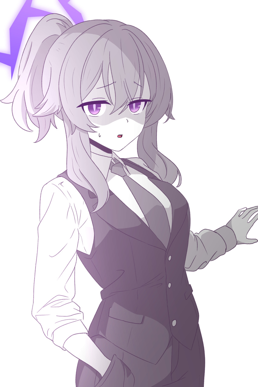 1girl absurdres blue_archive collared_shirt hair_between_eyes halo hand_in_pocket haruka_(blue_archive) high_ponytail highres long_sleeves looking_at_viewer necktie open_mouth purple_halo samess_333 shirt simple_background slit_pupils solo spot_color suit vest violet_eyes white_background