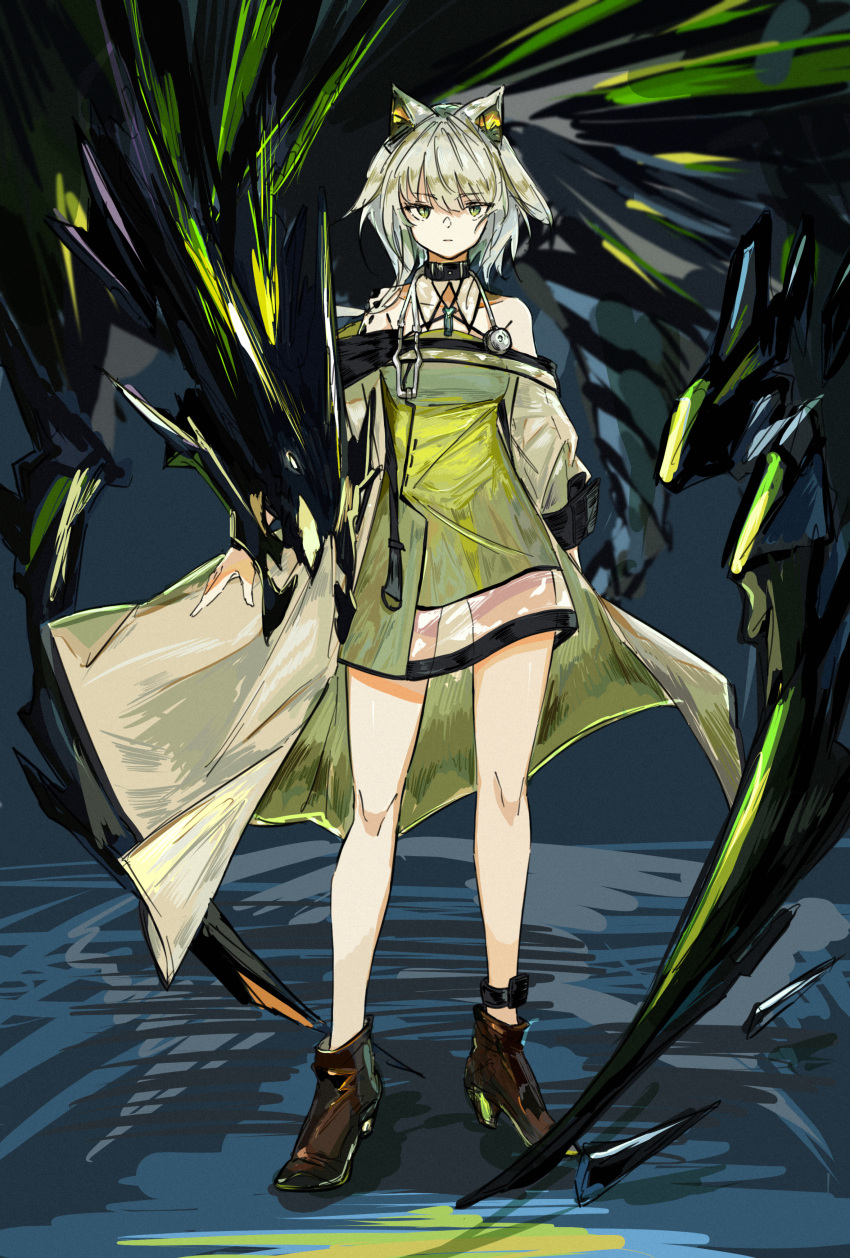 1girl absurdres animal_ears arknights bare_shoulders black_footwear cat_ears cat_girl closed_mouth dress expressionless full_body green_dress green_eyes halterneck harukan_tiusu highres kal'tsit_(arknights) lab_coat long_sleeves looking_at_viewer mon3tr_(arknights) off_shoulder oripathy_lesion_(arknights) revision shoes short_hair solo standing stethoscope
