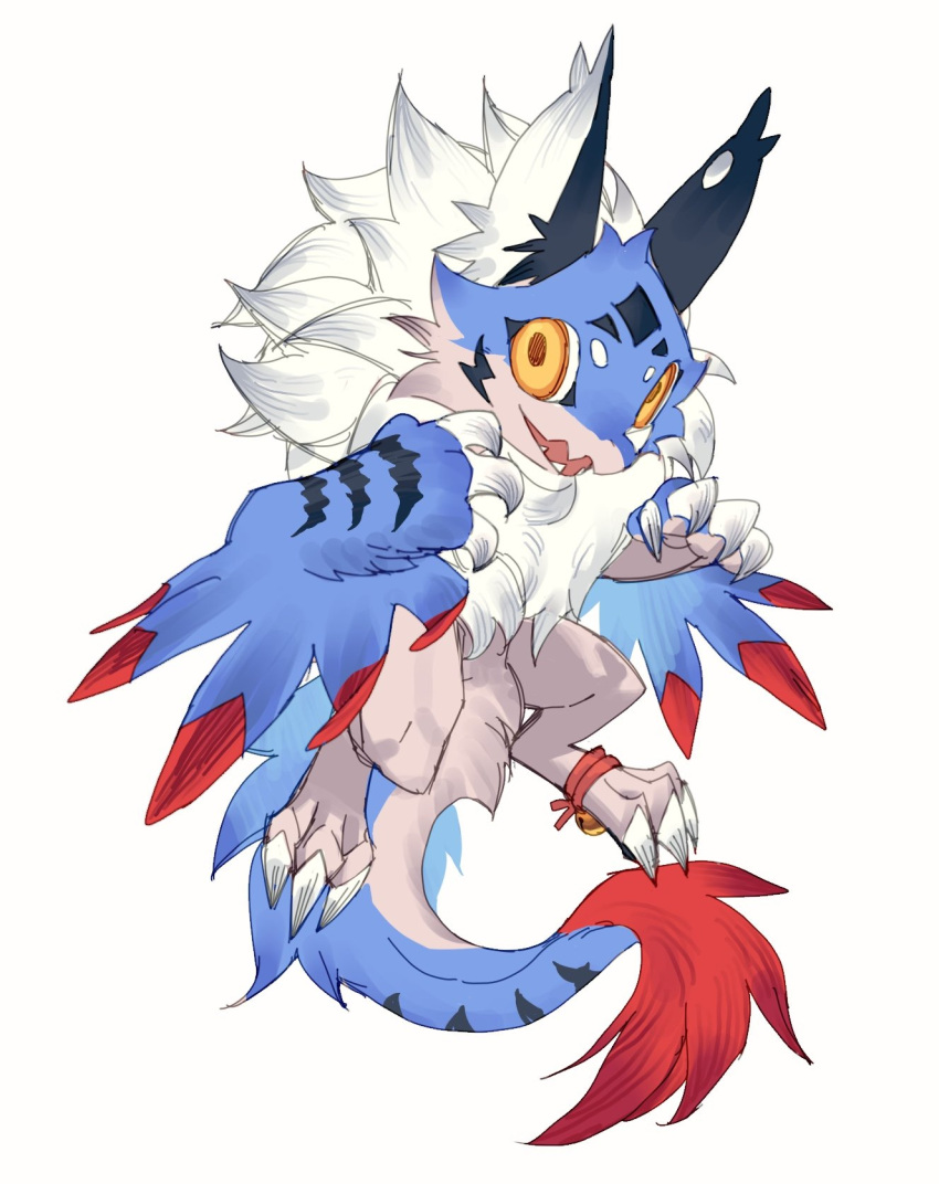 animal_ears blue_fur blue_wings body_fur brown_fur claws fangs full_body fur-tipped_tail highres leviair looking_at_viewer neck_fur no_humans open_mouth original short_eyebrows simple_background solo tail white_background white_fur winged_arms wings yellow_eyes