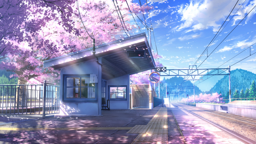 absurdres blue_sky cherry_blossoms clouds commentary_request dappled_sunlight forest highres mirror mountain mountainous_horizon nature no_humans original outdoors power_lines railing rural scenery sky smile_(qd4nsvik) spring_(season) sunlight traffic_mirror train_station train_station_platform tree utility_pole vanishing_point window