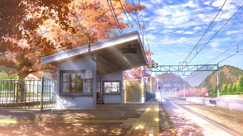 absurdres autumn autumn_leaves blue_sky clouds commentary_request dappled_sunlight forest highres mirror mountain mountainous_horizon nature no_humans original outdoors power_lines railing rural scenery sky smile_(qd4nsvik) sunlight traffic_mirror train_station train_station_platform tree utility_pole vanishing_point window