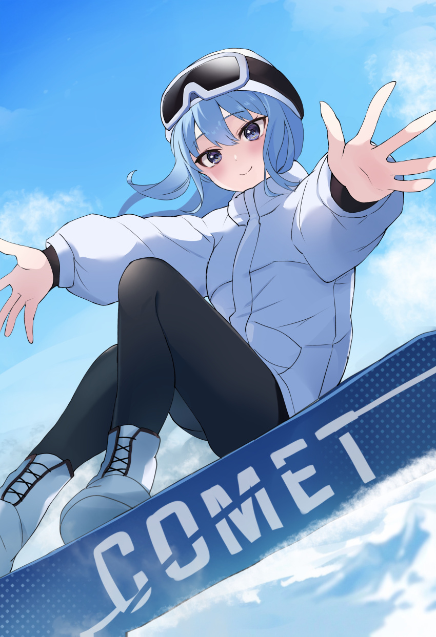 1girl absurdres blue_eyes blue_hair blush day fawny goggles goggles_on_head hair_between_eyes highres hololive hoshimachi_suisei looking_at_viewer medium_hair outdoors sky smile snowboard solo star_(symbol) star_in_eye symbol_in_eye virtual_youtuber