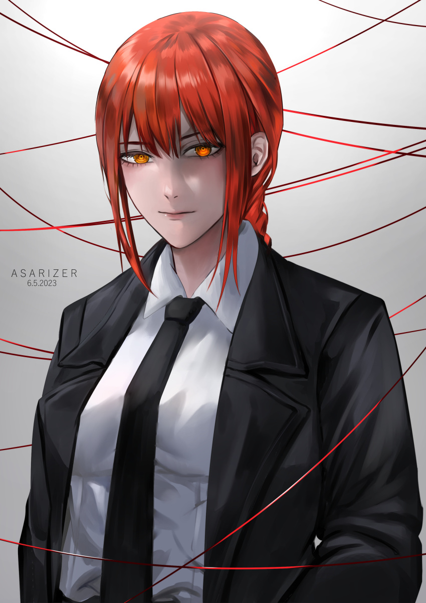 1girl absurdres artist_name asarizer black_necktie black_suit braid braided_ponytail breasts chainsaw_man commentary dated highres large_breasts makima_(chainsaw_man) necktie orange_eyes redhead ringed_eyes sidelocks single_braid smile solo string suit upper_body