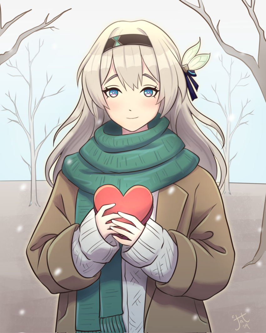 1girl bare_tree black_hairband blue_eyes blue_pupils blue_ribbon bow box box_of_chocolates brown_jacket closed_mouth cow dot_nose firefly_(honkai:_star_rail) green_scarf grey_hair grey_sky hair_between_eyes hair_bow hair_intakes hair_ribbon hairband heart-shaped_box highres holding holding_box honkai:_star_rail honkai_(series) jacket junachi long_hair long_sleeves open_clothes open_jacket outdoors overcast ribbon scarf sidelocks signature sky sleeves_past_wrists smile snowing solo straight-on sweater tree valentine white_bow white_sweater winter