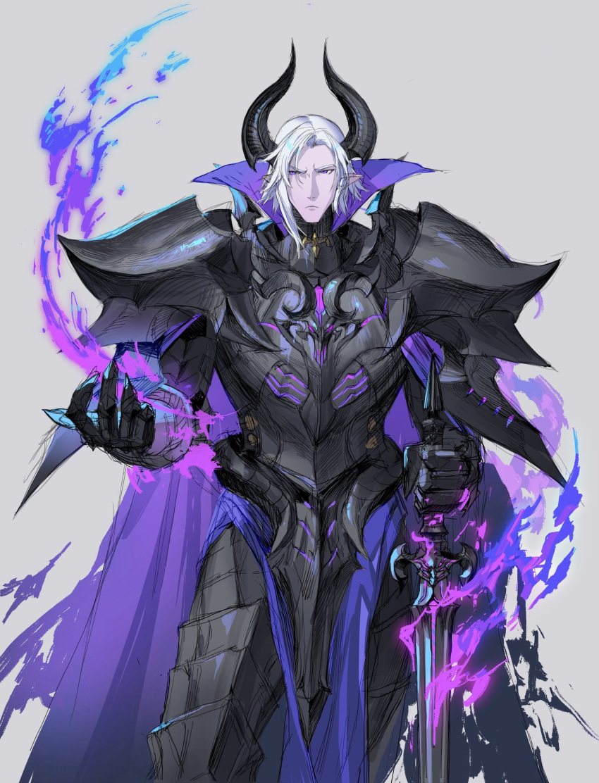 1boy armor black_horns cape claws colored_skin cowboy_shot fire grey_background hands_up high_collar highres holding holding_sword holding_weapon horns leviair looking_at_viewer male_focus medium_hair original pauldrons pelvic_curtain pointy_ears purple_cape purple_fire purple_skin pyrokinesis shoulder_armor simple_background single_sidelock standing sword torn_cape torn_clothes violet_eyes weapon white_hair