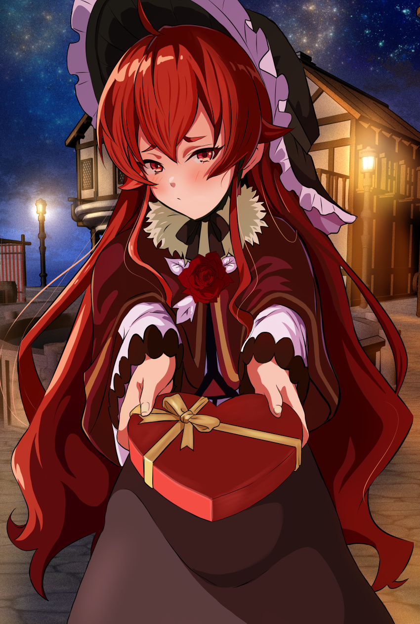 1girl absurdres ahoge black_headwear box dress eris_greyrat frilled_hat frills gift hat heart-shaped_box highres holding holding_box holding_gift incoming_gift kou_(spad7u59) long_hair long_sleeves looking_at_viewer mushoku_tensei neck_flower night night_sky outdoors reaching reaching_towards_viewer red_dress red_eyes redhead sky solo star_(sky) starry_sky valentine