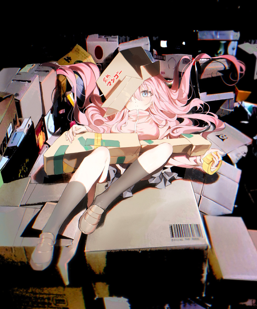 1girl bccommi black_socks blue_eyes bocchi_the_rock! box box_on_head brown_footwear cardboard_box closed_mouth commentary copyright_name gotoh_hitori grey_skirt hair_between_eyes hair_spread_out highres jacket kneehighs loafers long_hair looking_at_viewer lying on_back photo_background pink_hair pink_jacket pleated_skirt shoes skirt socks solo tape zipper