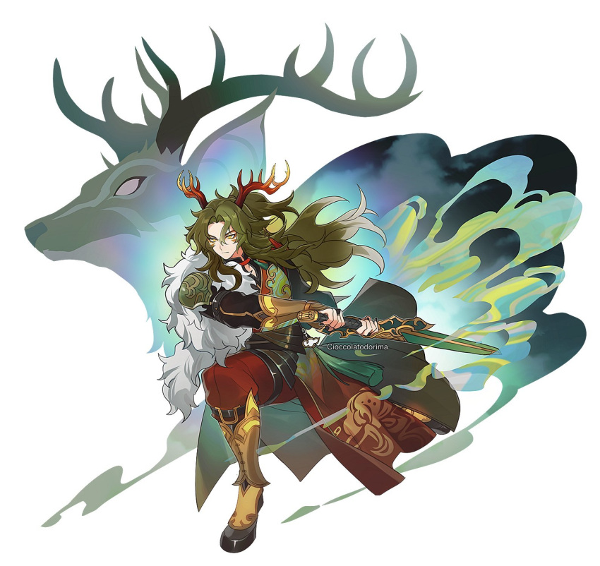 1boy animal_ears antlers arm_guards armor artist_name belt black_belt black_footwear black_shirt boots cioccolatodorima commentary deer deer_antlers deer_boy deer_ears earrings english_commentary facial_mark feather_boa fighting_stance full_body gaiters genshin_impact half_updo highres holding holding_sword holding_weapon horns jewelry long_hair long_sleeves looking_ahead male_focus moon_carver_(genshin_impact) outstretched_leg pants parted_bangs pauldrons personification red_pants serious shirt shoulder_armor single_pauldron sleeve_garter smoke solo sword tassel tassel_earrings thigh_strap waist_cape weapon white_background yaopei yellow_eyes