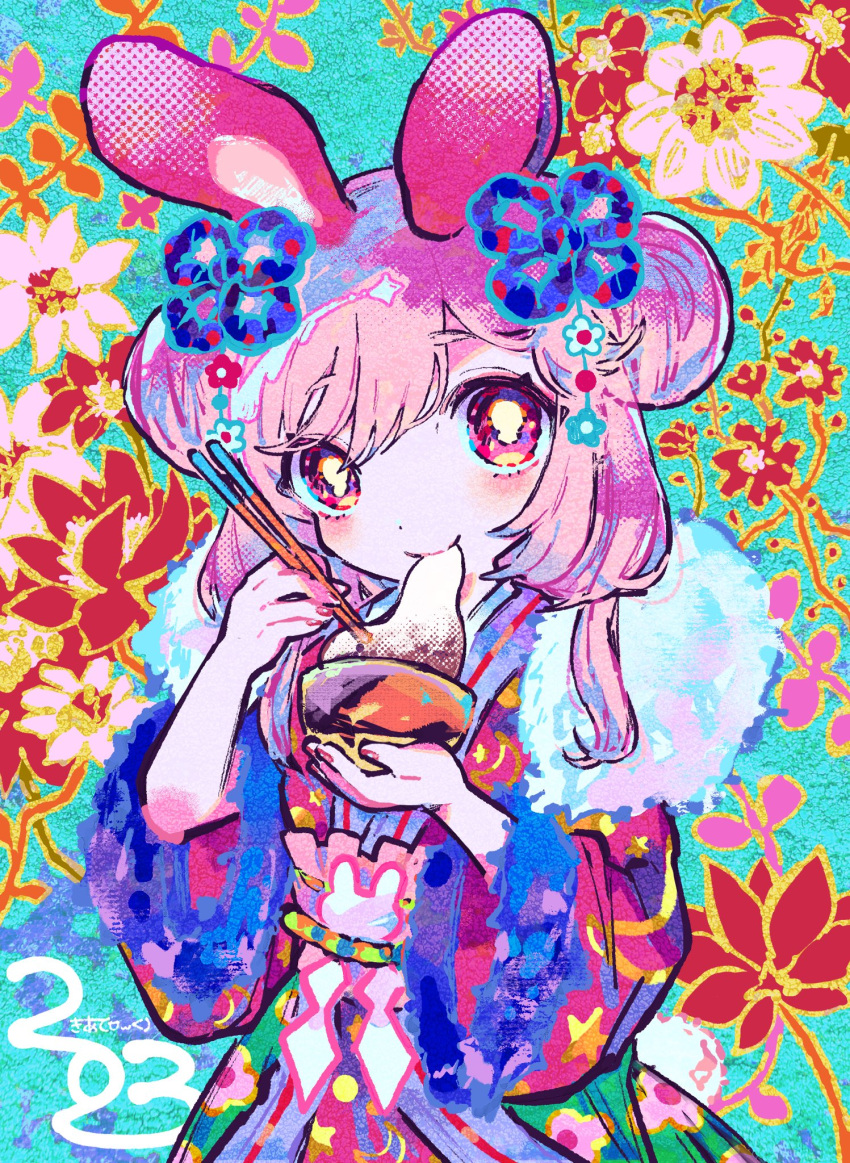 1girl animal_ears blue_flower bowl bright_pupils chopsticks closed_mouth commentary cowboy_shot double_bun eating english_commentary floral_background flower food fur_scarf hair_between_eyes hair_bun hair_flower hair_ornament hands_up highres holding holding_bowl holding_chopsticks japanese_clothes kiato kimono long_sleeves looking_at_viewer mochi multicolored_clothes multicolored_kimono new_year original rabbit_ears red_flower signature solo standing white_pupils wide_sleeves