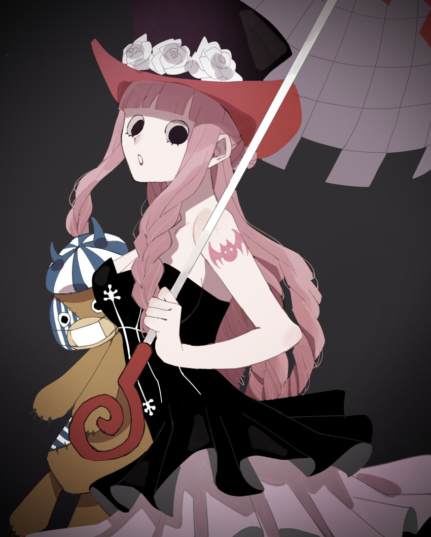 1girl absurdres arm_tattoo black_eyes blunt_bangs braid commentary_request dress drill_hair flower frilled_dress frills grey_background half_updo hat highres holding holding_stuffed_toy holding_umbrella kumacy looking_at_viewer mask mouth_mask oh_imo one_piece perona pink_hair profile rose sidelocks simple_background solo strapless strapless_dress stuffed_toy tattoo top_hat umbrella white_flower white_rose