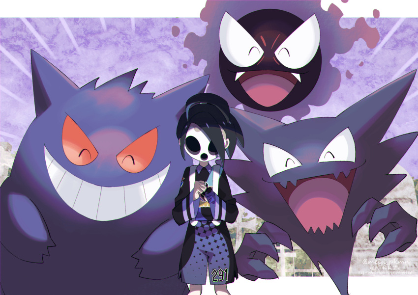 1boy ahoge allister_(pokemon) black_hair black_shirt black_shorts collared_shirt commentary_request evolutionary_line facing_viewer gastly gengar gloves happy haunter long_sleeves male_focus mask meiji_ken pokemon pokemon_(creature) pokemon_swsh shirt short_hair shorts side_slit side_slit_shorts single_glove suspender_shorts suspenders