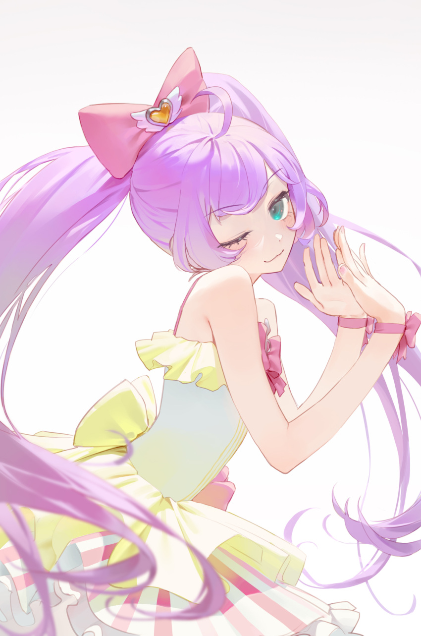 1girl ahoge bare_shoulders blue_eyes bow closed_mouth cowboy_shot dress from_side hair_bow hands_up highres idol_clothes long_hair looking_at_viewer manaka_laala multicolored_clothes multicolored_dress one_eye_closed pink_bow pretty_series pripara purple_hair simple_background sleeveless sleeveless_dress smile solo standing twintails very_long_hair white_background wrist_bow yyydddd0