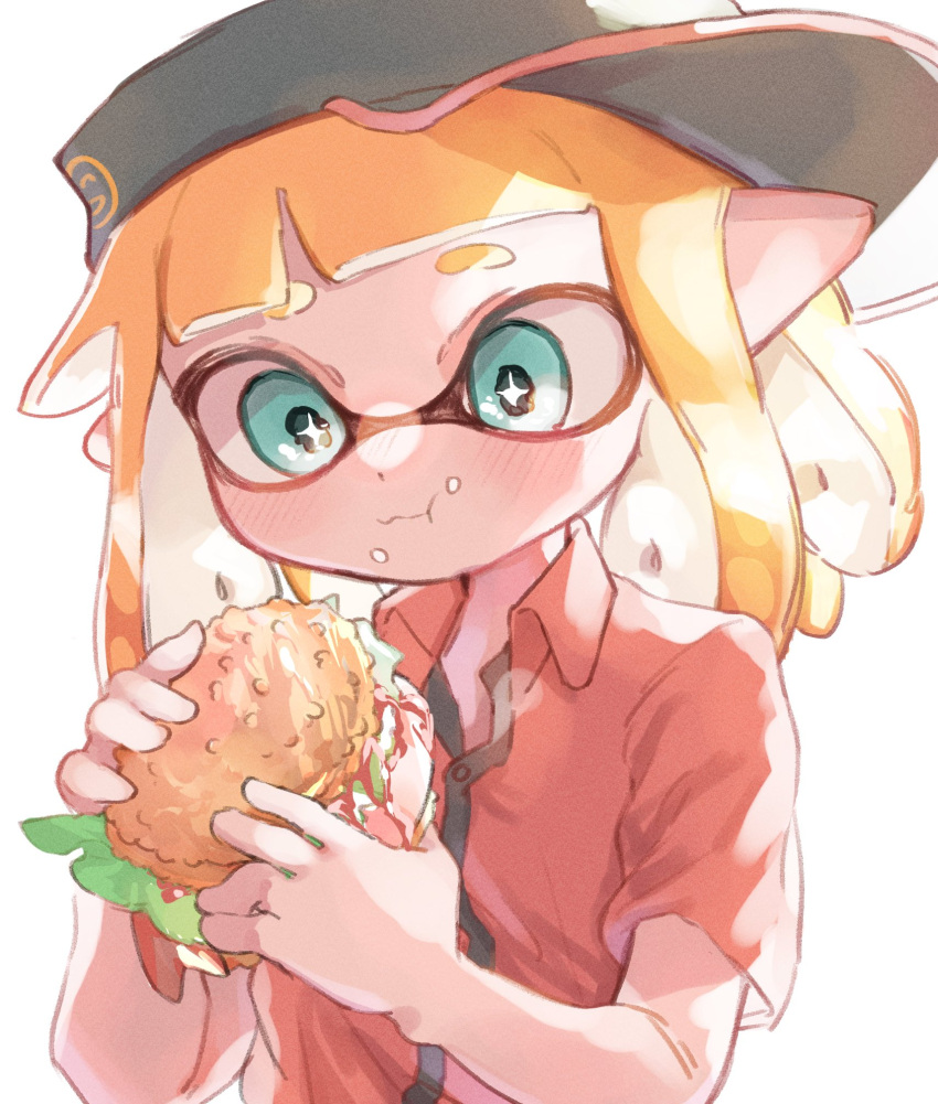 +_+ 1girl black_headwear blonde_hair blue_eyes burger chewing closed_mouth commentary_request food highres holding holding_food inkling_girl inkling_player_character long_hair pointy_ears red_shirt shirt sideways_hat simple_background solo splatoon_(series) tentacle_hair thick_eyebrows upper_body white_background yksb_inc6