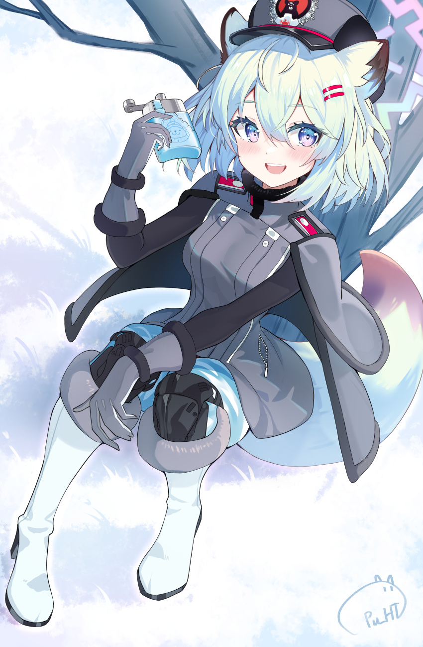1girl absurdres animal_ears blue_archive blush boots breasts capelet fur_hat gloves green_hair grey_capelet grey_gloves grey_headwear hair_between_eyes hair_ornament hairclip halo hat highres holding long_sleeves medium_breasts medium_hair open_mouth pu_ht purple_halo shigure_(blue_archive) signature smile solo tail ushanka violet_eyes weasel_ears weasel_tail white_footwear