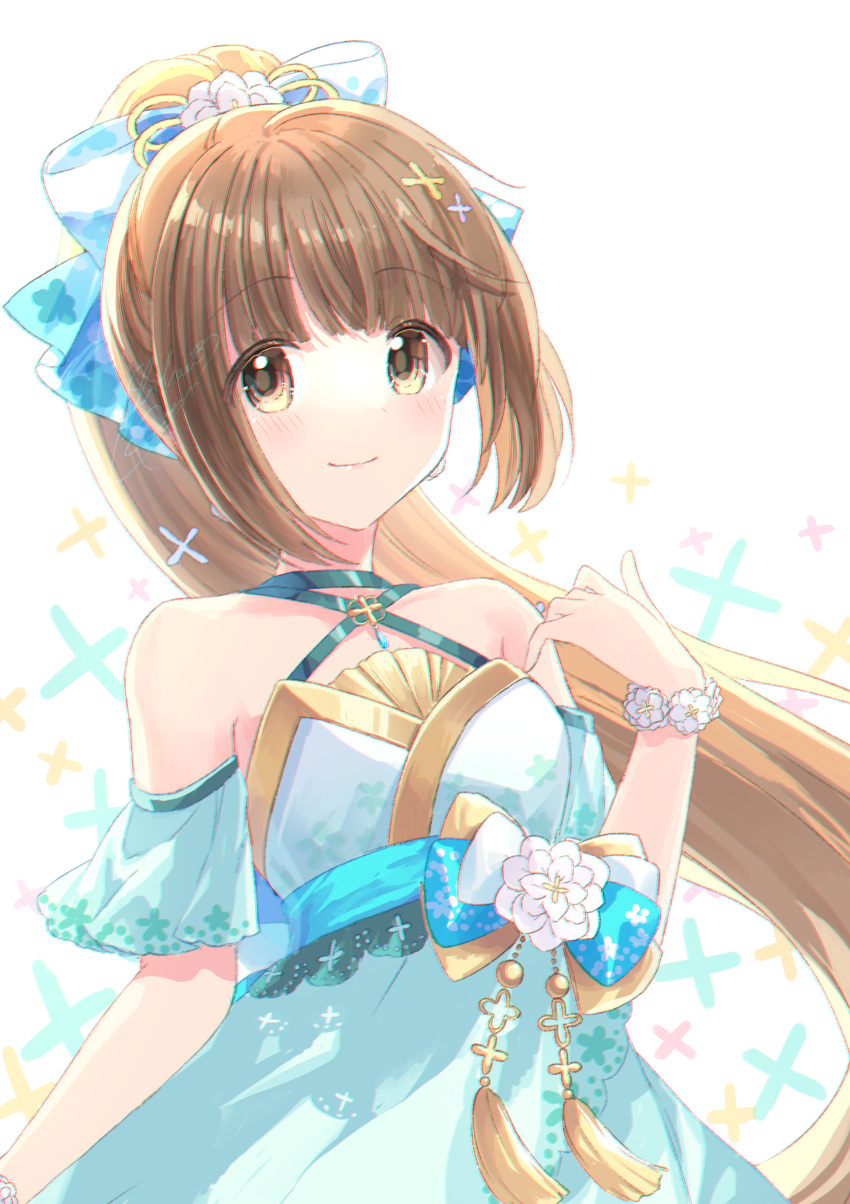 1girl absurdres bare_shoulders blue_bow blue_dress blue_ribbon blue_sleeves blunt_bangs blush bow breasts brown_eyes brown_hair closed_mouth collarbone detached_sleeves dot_nose dress dress_bow flower flower_bracelet hair_bow hair_ornament hair_ribbon hand_up highres idolmaster idolmaster_cinderella_girls idolmaster_cinderella_girls_starlight_stage long_hair looking_at_another ponytail ribbon shiohari_kanna sleeveless sleeveless_dress small_breasts smile solo upper_body very_long_hair white_background white_flower x_hair_ornament yellow_bow yorita_yoshino