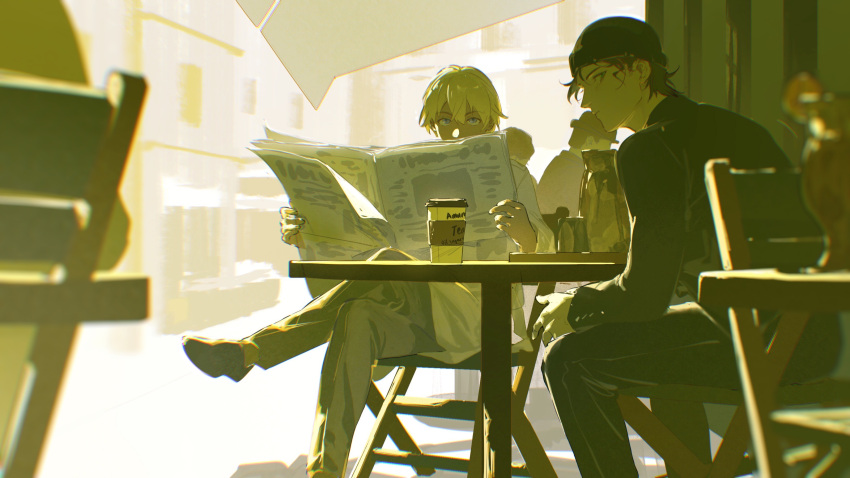 2others 3boys absurdres akai_shuuichi amuro_tooru arm_rest beanie black_hair black_headwear black_pants black_shirt blurry blurry_foreground building chair closed_mouth cmpovar coffee_cup crossed_legs cup depth_of_field detective_conan disposable_cup grey_pants hat highres holding holding_newspaper long_sleeves looking_at_viewer looking_back multiple_boys multiple_others newspaper outdoors pants profile salt_shaker shirt shoes short_hair sitting table vase white_shirt window yellow_theme