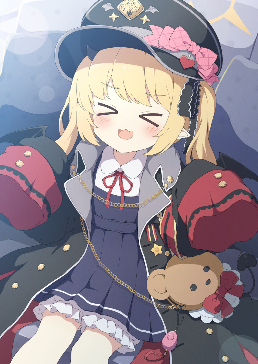 1girl black_coat black_dress black_headwear black_tail black_wings blonde_hair bloomers blue_archive blush coat collared_shirt demon_tail demon_wings dress halo hat highres ibuki_(blue_archive) long_hair neck_ribbon open_clothes open_coat peaked_cap pinafore_dress pointy_ears red_ribbon ribbon shirt sleeveless sleeveless_dress sleeves_past_fingers sleeves_past_wrists solo tail tyakomes white_bloomers white_shirt wings yellow_halo