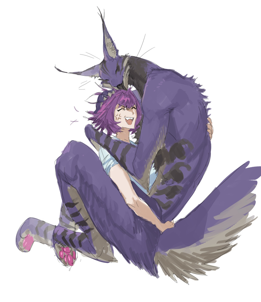 1girl 1other absurdres anger_vein animal_ears animal_feet black_tongue blue_shirt body_fur carrying carrying_person closed_eyes colored_teeth cropped_legs digitigrade full_body furrowed_brow furry hand_on_another's_head hands_up highres leviair licking licking_another's_head open_mouth original purple_fur purple_hair shirt short_hair short_sleeves simple_background tail tongue tongue_out whiskers white_background