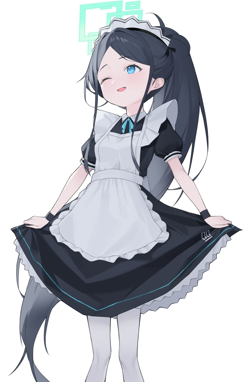 1girl absurdres apron aris_(blue_archive) aris_(maid)_(blue_archive) black_dress black_hair black_wristband blue_archive blue_eyes dress feet_out_of_frame green_halo halo highres long_hair looking_to_the_side maid maid_apron maid_headdress official_alternate_costume okappa_(bobbed001) one_eye_closed open_mouth pantyhose ponytail puffy_short_sleeves puffy_sleeves short_sleeves sidelocks simple_background skirt_hold solo standing very_long_hair white_apron white_background white_pantyhose