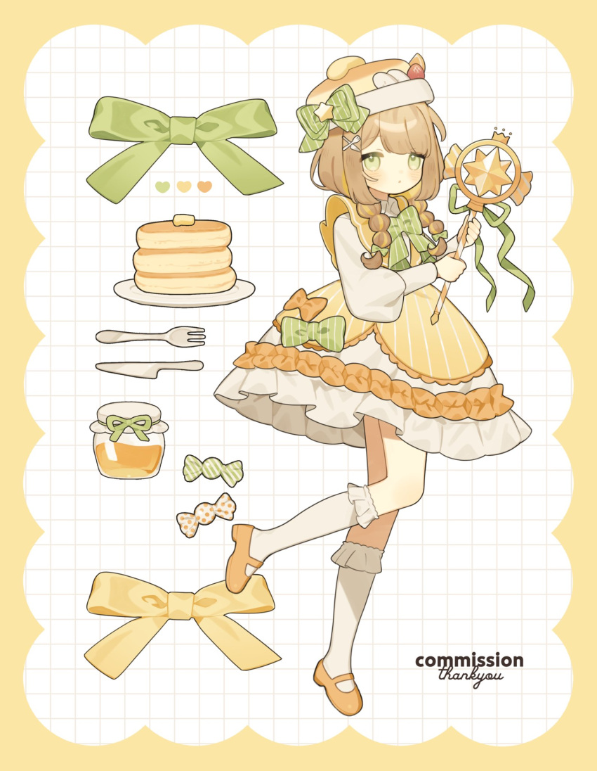 1girl 3tokitamago blush border bow bowtie braid brown_hair candy closed_mouth commission food food-themed_hat foot_up fork full_body green_bow green_bowtie green_eyes grid_background hair_over_shoulder hat highres holding holding_staff jar kneehighs knees_together_feet_apart knife long_sleeves looking_at_viewer low_twin_braids original pancake pinstripe_bow pinstripe_pattern pinstripe_shirt plate pleated_skirt shirt shoes sidelocks skirt socks solo staff thank_you twin_braids white_skirt white_socks yellow_border yellow_bow yellow_footwear yellow_shirt