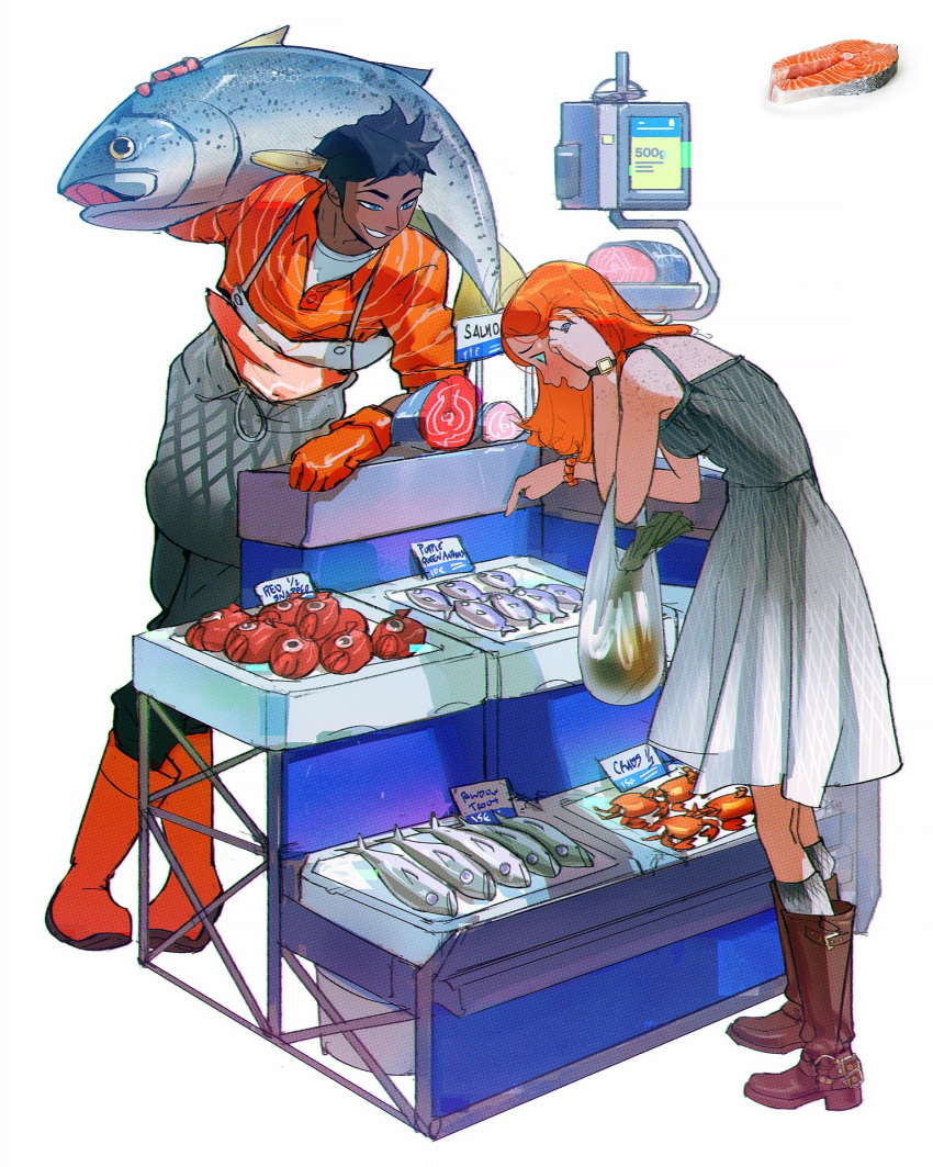 adjusting_hair animal arm_rest bag black_hair black_pants blue_eyes blush body_freckles boots brown_footwear counter crab dark-skinned_male dark_skin dress english_text fish freckles full_body gloves gradient_dress grey_dress grey_socks grin grocery_bag highres holding holding_animal holding_bag holding_fish leaning_forward long_hair looking_at_another market_stall open_mouth orange_footwear orange_gloves orange_hair orange_shirt original pants photo_inset pointing pointing_down ramon_nunez red_snapper reference_inset salmon shirt shopping_bag sign simple_background sleeves_rolled_up smile socks spring_onion standing strap striped_clothes striped_shirt trout unbuttoned unbuttoned_shirt undershirt watch watch weighing_scale white_background