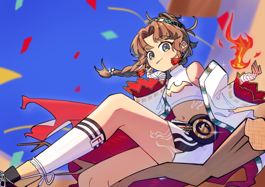 1girl :p absurdres armpit_crease bandaged_hand bandages blue_eyes bodypaint braid brown_hair confetti earrings fire hand_on_own_chin highres jacket jewelry long_hair looking_at_viewer midriff navel off_shoulder reverse:1999 sanjuqing'an sitting socks solo sparkle spathodea_(reverse:1999) tassel tassel_earrings tongue tongue_out white_jacket
