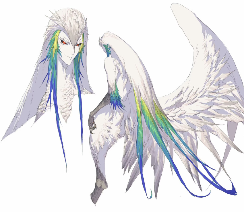 1boy animal_feet animal_hands bird_legs black_sclera blonde_hair blue_hair claws closed_mouth colored_eyelashes colored_sclera facing_away feather_hair feathered_wings feathers fukumaru_koito green_hair harpy_boy highres leviair long_hair looking_at_viewer low_wings male_focus monster_boy original red_eyes simple_background smile solo standing very_long_hair white_background white_feathers white_hair white_wings wings