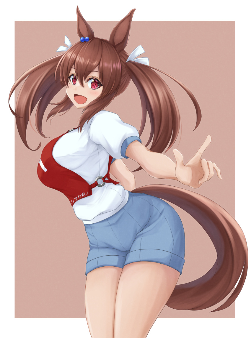 1girl animal_ears arched_back blue_shorts brown_background brown_hair character_name commentary cowboy_shot ear_ornament gym_shirt gym_shorts gym_uniform hair_ribbon highres hishi_akebono_(umamusume) horse_ears horse_girl horse_tail index_finger_raised kemuri_(etep3372) leaning_forward long_hair looking_at_viewer open_mouth race_bib red_eyes ribbon shirt short_sleeves shorts smile solo standing t-shirt tail translated twintails umamusume white_ribbon white_shirt
