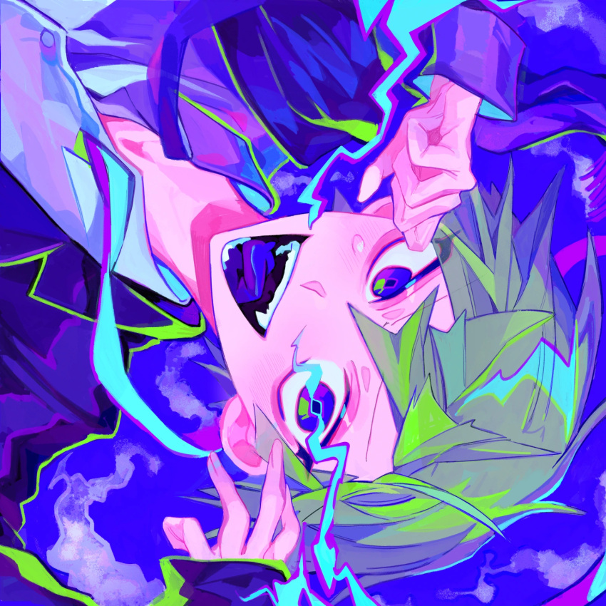 1boy album_cover blue_background blue_eyes blue_tongue borrowed_character coat collared_shirt colored_tongue cover fallin'_dead_relive_life_(vocaloid) green_hair highres himanemuitoma long_sleeves looking_at_viewer naro_tanaka open_mouth original purple_coat shirt short_hair sleeves_past_wrists smile solo vocaloid white_shirt