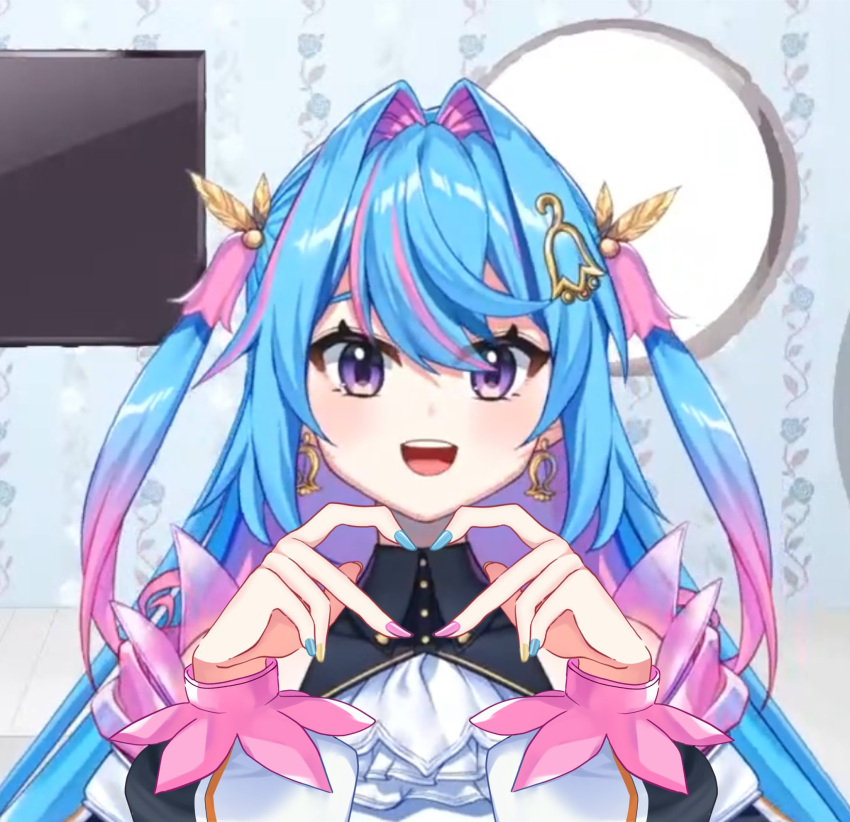 blue_nails earrings hair_ornament heart heart_hands highres izumi_dayo_(izumi_chan08) jewelry long_hair looking_at_viewer misora_kanon multicolored_hair nijigen_project open_mouth pink_nails smile television violet_eyes virtual_youtuber