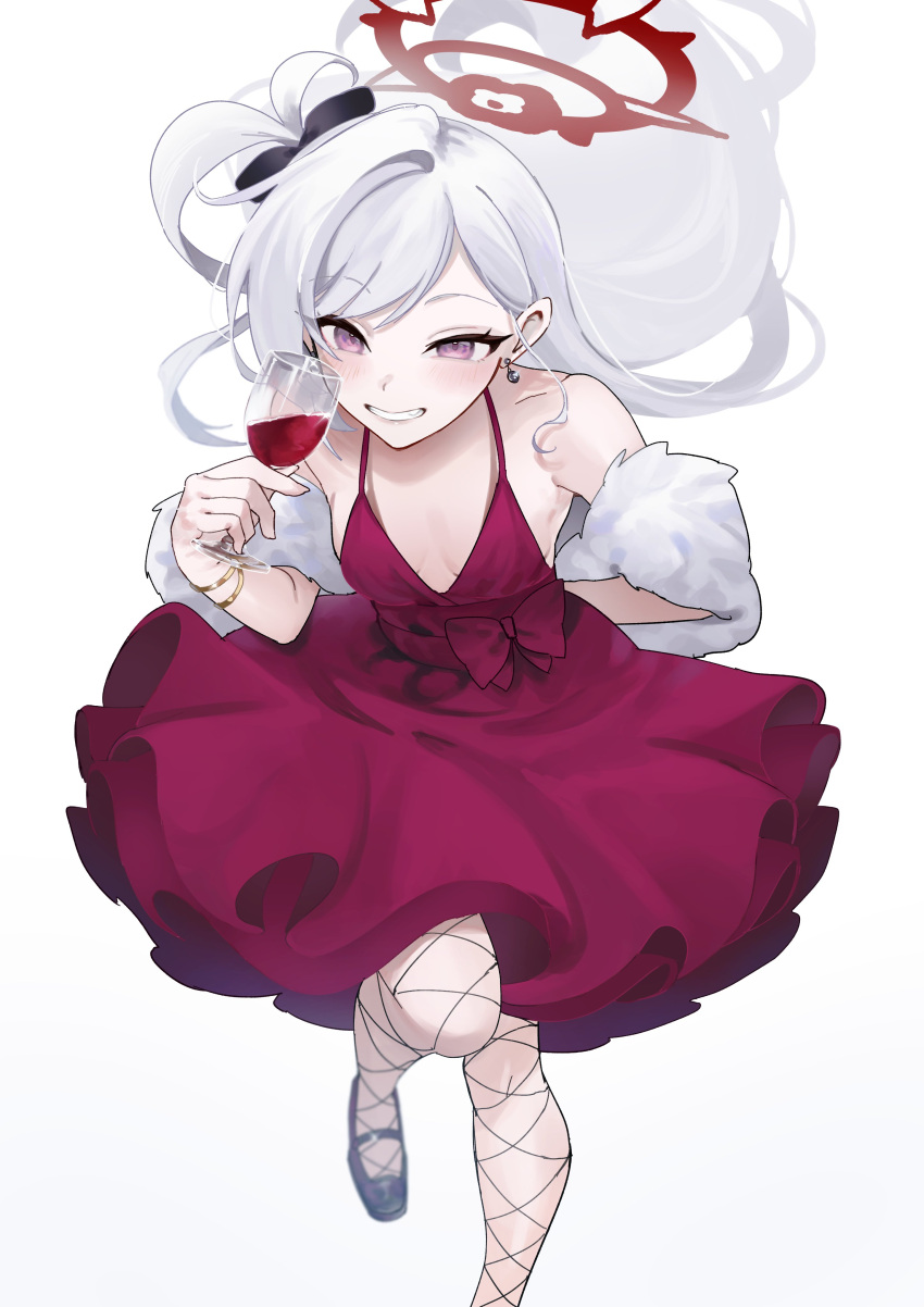 1girl absurdres black_footwear blue_archive bow bowtie bracelet cup dantyou2525 dress drinking_glass earrings fishnets halo highres jewelry mutsuki_(blue_archive) mutsuki_(dress)_(blue_archive) red_dress red_halo simple_background solo violet_eyes white_background white_hair wine_glass