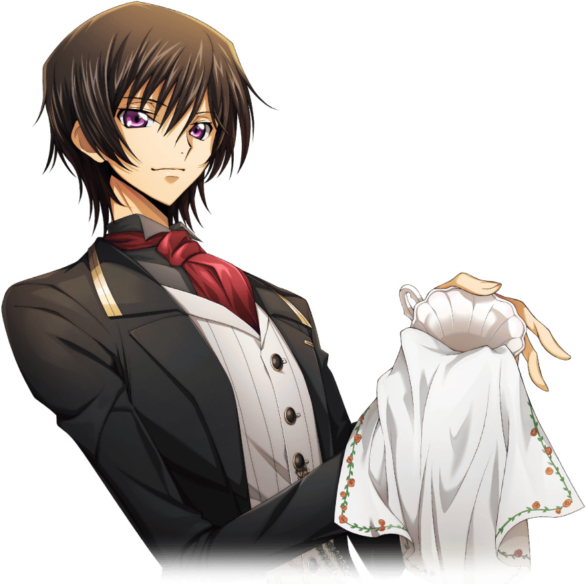 1boy artist_request ascot black_hair black_jacket black_shirt breast_pocket butler buttons chain closed_mouth code_geass code_geass:_lost_stories collared_shirt cropped_torso cup drying dutch_angle game_cg hair_between_eyes happy holding holding_cloth holding_cup jacket lelouch_vi_britannia long_sleeves looking_at_viewer male_focus non-web_source official_art open_clothes open_jacket picture_frame pocket red_ascot shirt short_hair sidelocks simple_background smile solo standing teacup transparent_background upper_body vest violet_eyes white_vest