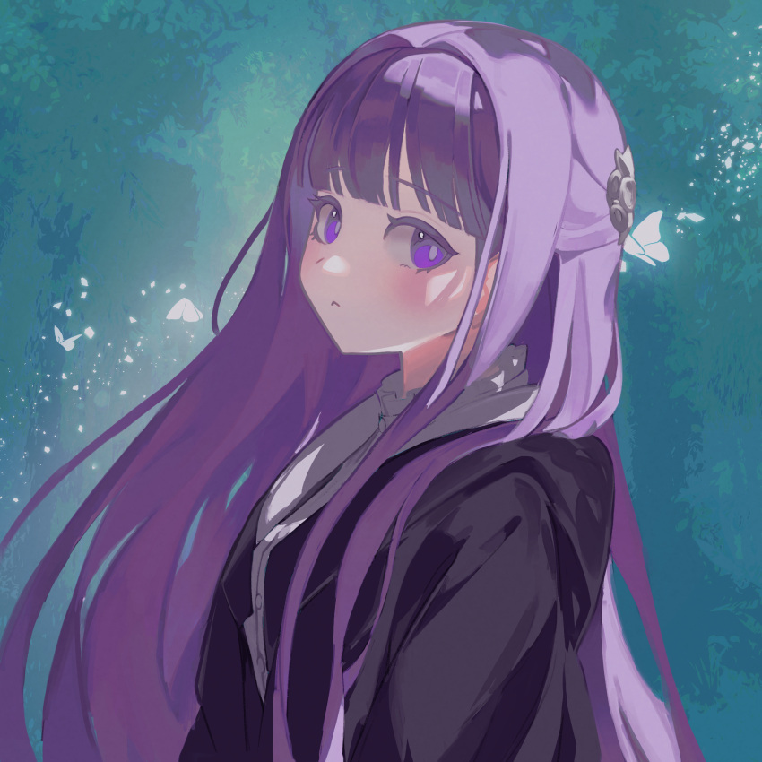 1girl black_robe blue_background blunt_bangs blush bug butterfly closed_mouth cut_bangs dappled_sunlight elf fern_(sousou_no_frieren) forest glowing_butterfly hair_ornament highres long_hair looking_at_viewer looshue nature outdoors pointy_ears purple_hair robe solo sousou_no_frieren straight_hair sunlight violet_eyes