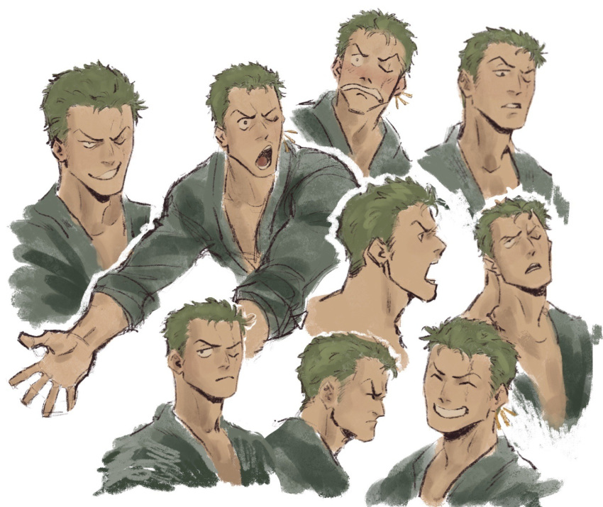 1boy blush coat cropped_torso earrings galsan12 green_coat green_hair happy highres jewelry looking_to_the_side male_focus multiple_views one_eye_closed one_piece open_clothes open_mouth profile roronoa_zoro scar scar_across_eye scar_on_face short_hair sideburns simple_background single_earring smile surprised white_background wide-eyed