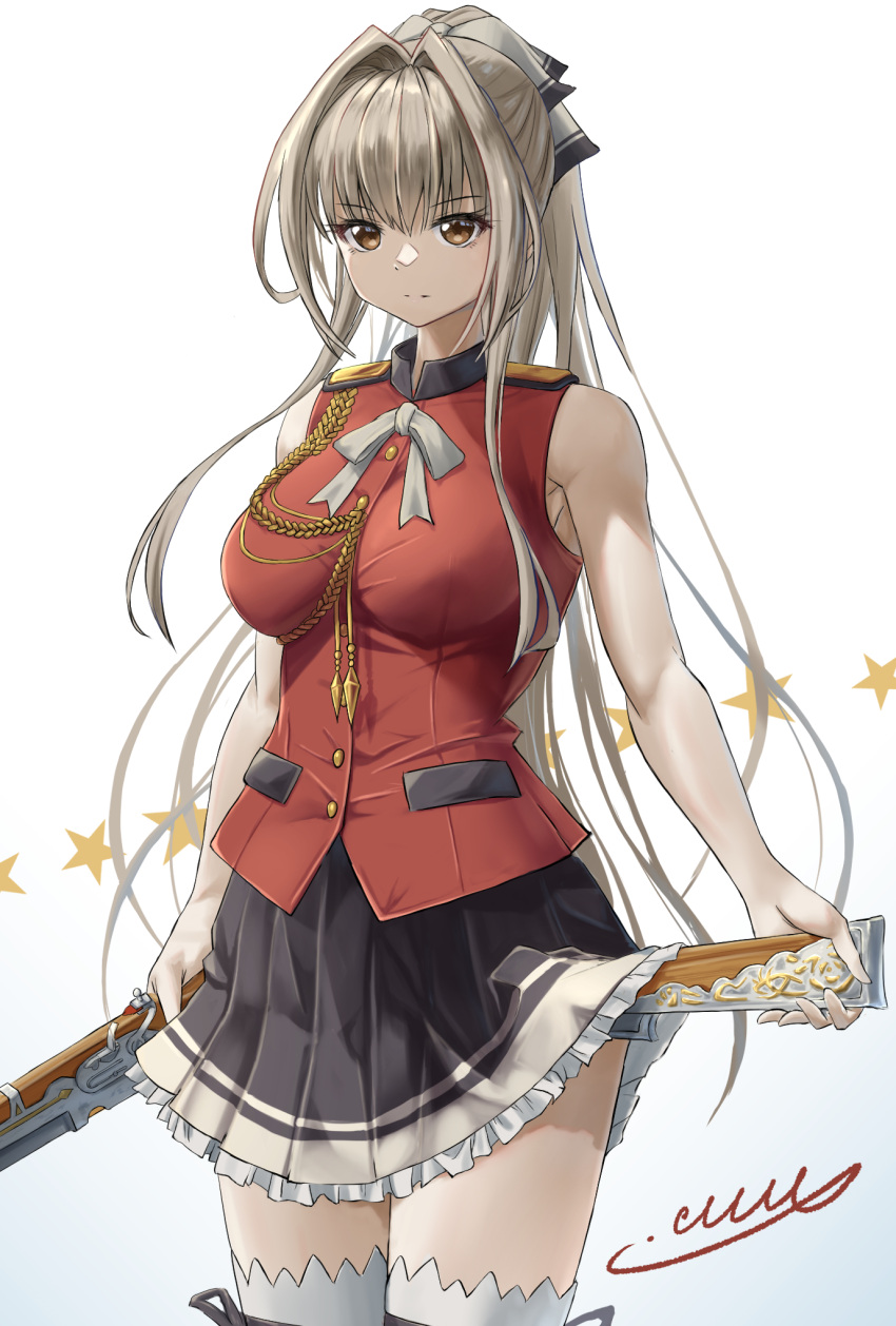 1girl amagi_brilliant_park black_skirt brown_eyes brown_hair cowboy_shot drawing_gun eyelashes gradient_background gun hair_ribbon highres holding holding_gun holding_weapon long_hair m.m_(mmitsu_93) musket pleated_skirt ponytail red_shirt ribbon sento_isuzu shirt skirt sleeveless sleeveless_shirt solo star_(symbol) thigh-highs weapon white_background white_ribbon white_thighhighs