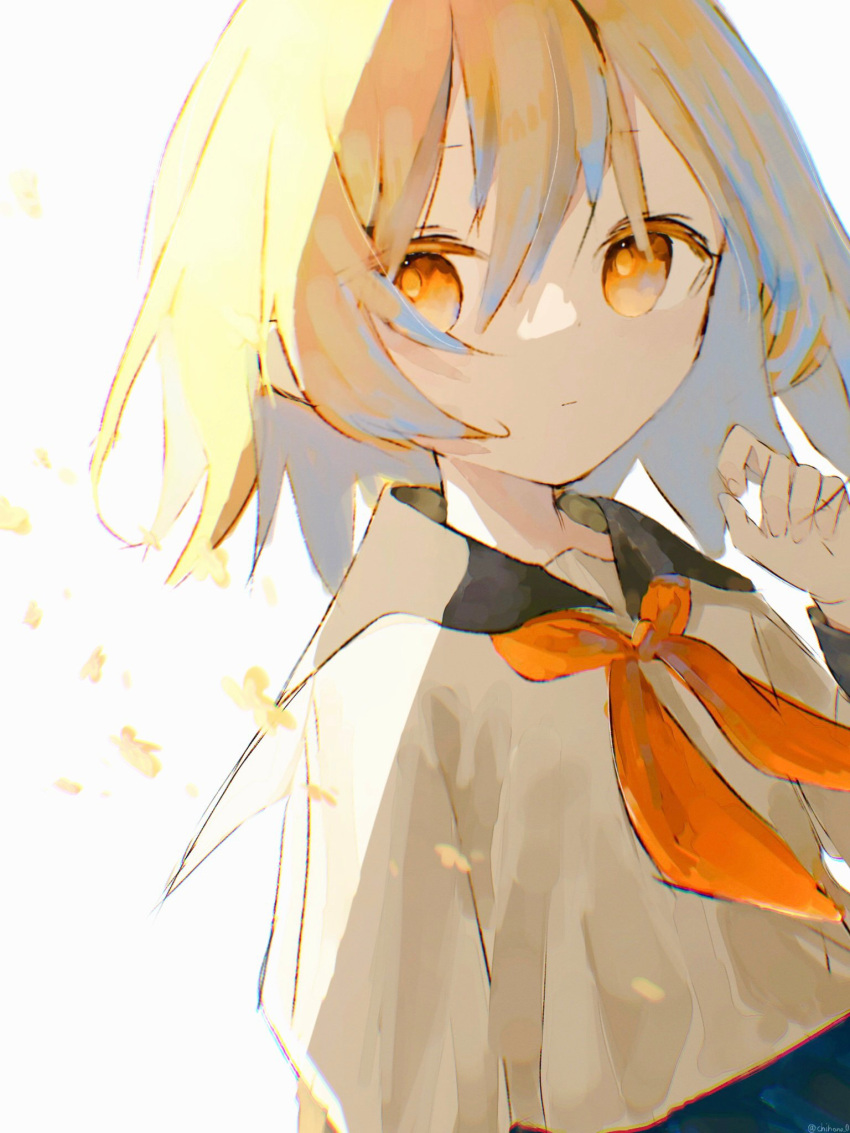 1girl :| arm_at_side black_sailor_collar blue_skirt chihono_0 closed_mouth expressionless hair_between_eyes hand_up highres light_brown_hair long_hair looking_at_viewer neckerchief orange_eyes orange_neckerchief original sailor_collar school_uniform serafuku shirt sidelocks simple_background skirt solo twitter_username upper_body white_background white_shirt
