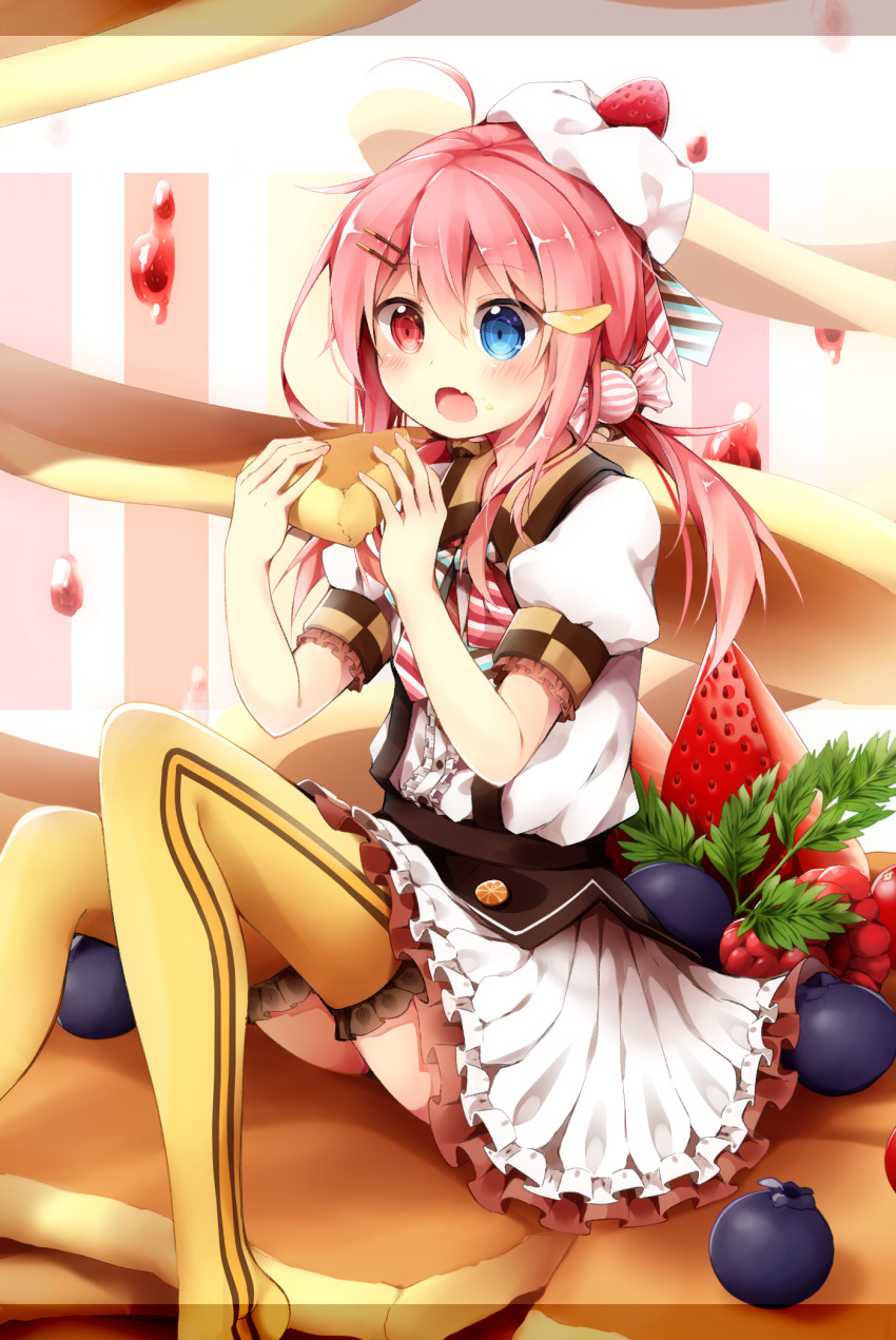 1girl ahoge blue_eyes blueberry blush center_frills collared_shirt dress_shirt fang feet_out_of_frame food frilled_thighhighs frills fruit hair_between_eyes hair_ornament hairclip heterochromia highres holding holding_food in_food long_hair low_twintails mini_person minigirl no_shoes open_mouth original pink_hair pleated_skirt puffy_short_sleeves puffy_sleeves red_eyes satou_saya shirt short_sleeves sitting skirt solo strawberry thigh-highs twintails white_shirt white_skirt yellow_thighhighs