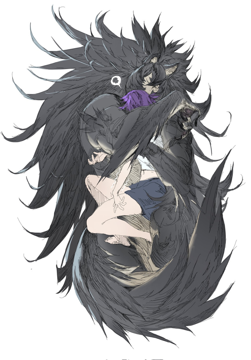 1boy 1girl animal_ears animal_hands barefoot black_fur black_hair body_fur brown_fur claws closed_eyes cropped_legs full_body highres hug leviair long_hair lying lying_on_person midriff monster_boy on_back on_side original purple_hair shorts simple_background solo spoken_skull squeezing tail twitching very_long_hair white_background wolf_boy wolf_ears wolf_tail