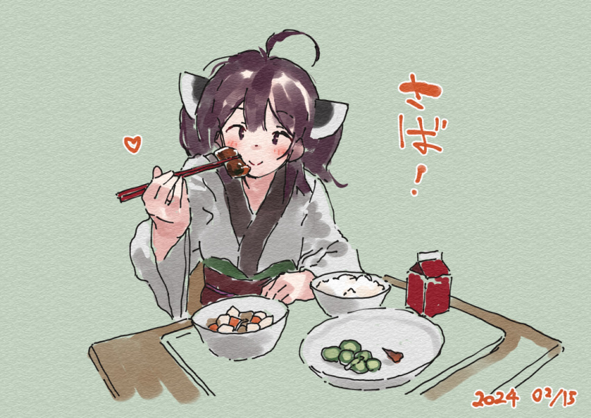 1girl ahoge blush brown_eyes brown_hair chopsticks closed_mouth dated food green_background headgear holding holding_chopsticks japanese_clothes kimono lamb_(hitsujiniku) long_sleeves looking_at_viewer obi rice sash simple_background smile solo table touhoku_kiritan translation_request twintails upper_body voiceroid white_kimono wide_sleeves
